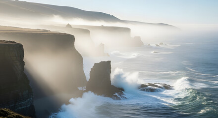 Coastal cliffs with crashing waves and sea spray