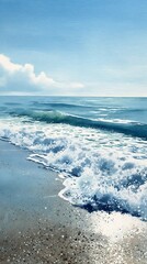 Watercolor ocean with gentle foam and horizon fading into light