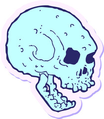 sticker of a cartoon spooky skull in bright neon color
