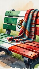 Outdoor bench painted in green, white, and red with a traditional striped blanket draped over it, representing Mexican pride. Mexican flag painted bench with woven blanket

