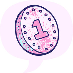 cartoon coin with speech bubble in grunge distressed retro textured style in bright neon color