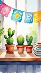 Three small potted cacti sit on a windowsill under colorful papel picado flags, with books stacked nearby in natural light. Cactus plants by sunny window with papel picado

