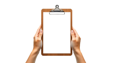 Hand holding a clipboard with blank paper isolated on transparent background