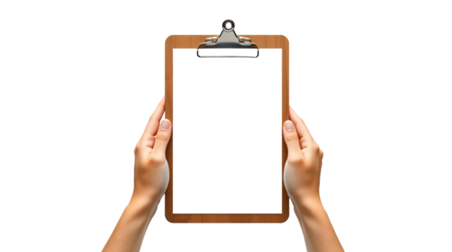 Hand holding a clipboard with blank paper isolated on transparent background