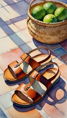 Pair of brown leather sandals next to a woven basket filled with green limes, placed on colorful tiled floor in sunlight.
