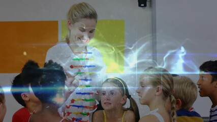 Teacher tapping DNA model connector during science class, activating neon glow across students - Powered by Adobe