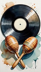 Stylized image of a vinyl record paired with traditional wooden maracas, blending music and Latin cultural elements in one visual.

