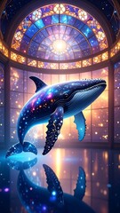 Whale Illustration with Stained Glass and Galaxy Design