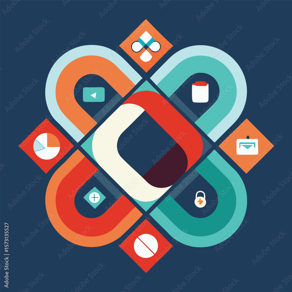 Poster abstract geometric arrangement of icons and shapes representing data visualization and digital proce