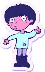 sticker of a cartoon boy asking question in bright neon color