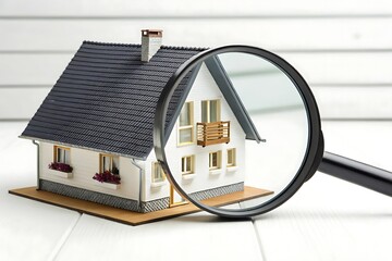 House model under magnifying glass isolated in white background, real estate search and inspection concept
