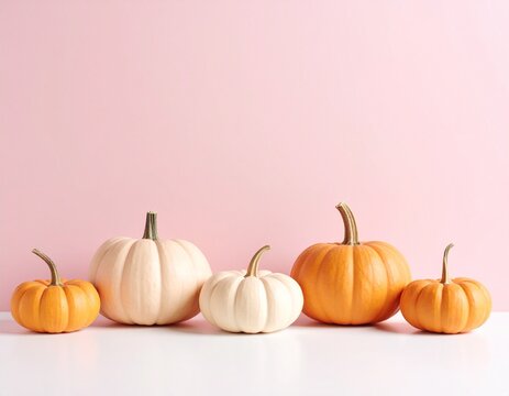 Autumn wallpaper orange and white pumpkins in a row on a plain pink background rustic fall banner