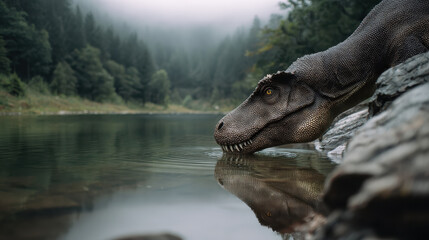 Dinosaur gazes into calm water reflecting its majestic form surrounded by lush trees and misty mountains creating serene atmosphere