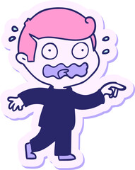 sticker of a cartoon stressed out pointing in bright neon color