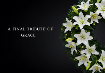 White lily funeral wreath on dark background with tribute message  
