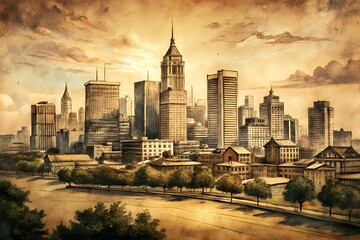 Obraz premium An artistic watercolor painting of a sprawling cityscape with diverse architecture under a dramatic cloudy sky