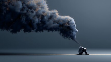 Un homme bipolaire et d&eacute;pressif, sa t&ecirc;te se transforme en nuage en forme de visage