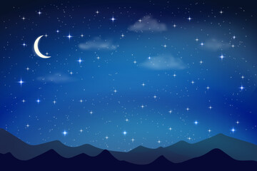 Fototapeta premium serene night sky with a crescent moon on the left shines brightly, stars with twinkling effect, silhouette of rolling mountains fo