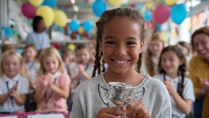 a smiling child holding up a trophy at a school award ceremony, classmates clapping in the background, colorful decorations, joyful and happy expression.