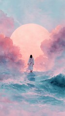 Fototapeta premium Watercolor Jesus walking on water, waves blending into a pastel sky 