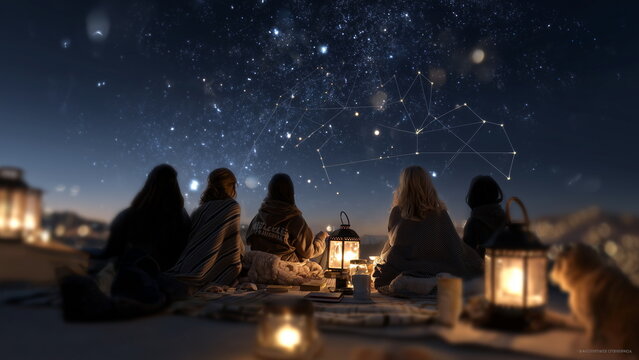 a small group of friends stargazing from a rooftop, wrapped in blankets, laughing and pointing at constellations, warm glow from lanterns around them, deep starry sky overhead.
