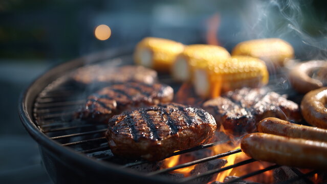 a close-up of a barbecue grill with juicy steaks, sausages, and corn roasting over glowing charcoal, smoke rising, grill marks on the meat.