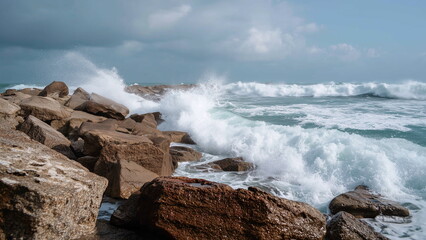 ocean waves crashing against jagged rocks at the edge of a coast, white foam and mist flying into the air, cloudy sky above.