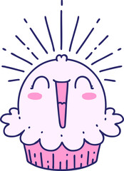 illustration of a traditional tattoo style happy singing cupcake in bright neon color