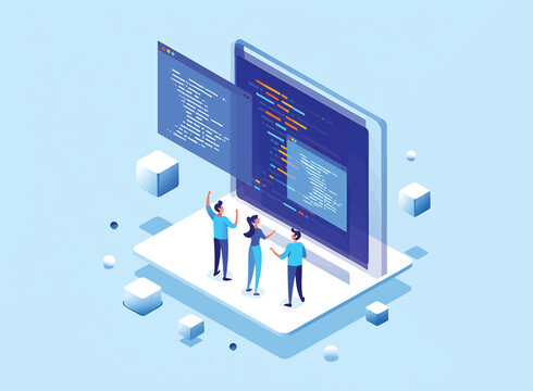 Teamwork Software Development Isometric Vector Illustration