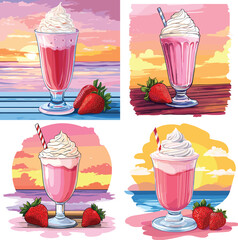 A Vibrant Pink Milkshake Topped With Whipped Cream And Strawberry Resting On Bench At Sunset vector style on white background
