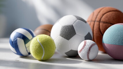 a clean white background with an assortment of sports balls neatly arranged, including a soccer ball, basketball, baseball, tennis ball, volleyball, golf ball, and rugby ball.