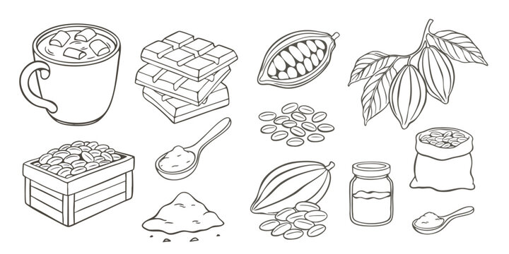 A collection of hand-drawn cacao and chocolate-themed illustrations. Outline elements, ideal for food illustrations, packaging design, or educational materials.