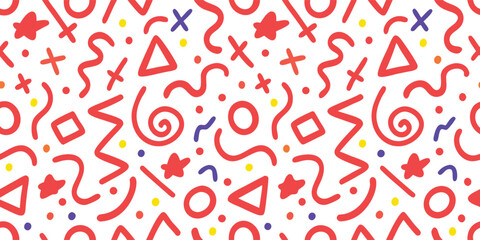 Abstract doodle seamless pattern. Hand drawn red lines, shapes, and colorful dots vector background. Fun retro style print for fabric, wallpaper, packaging, and kids design projects.