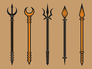 Illustration of assorted ancient magical staves and spears for fantasy games