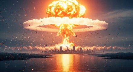 Massive nuclear explosion engulfs a city skyline with a fiery mushroom cloud over water