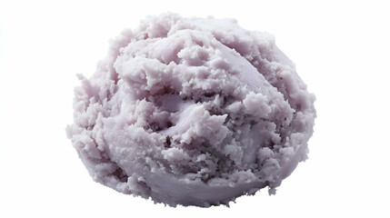 Scoop of mashed taro with soft, fluffy texture and light purple color, isolated on white background in close-up view.