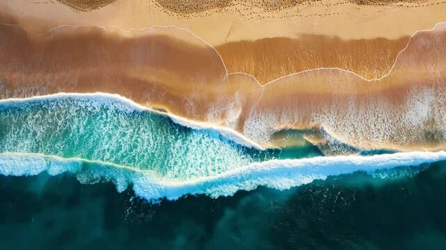 Turquoise waves crash onto a sandy beach from an aerial viewpoint, 4k video