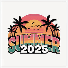 Obraz premium Vintage Summer 2025 Logo Design with Sunset, Palm Trees, and Retro Typography