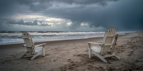 Two white beach chairs are sitting on the sand, facing the ocean