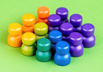 Colorful wooden figurines arranged in a radiating pattern on a lime green surface