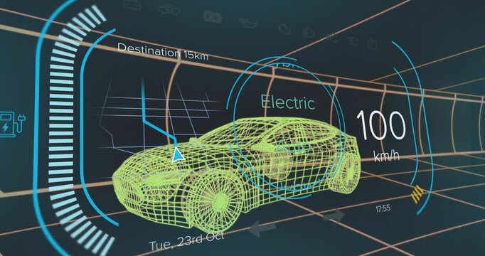 Starting simulation animating wireframe car accelerating, mode ring toggling visualizing navigation - Powered by Adobe