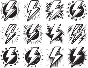 Hand Drawn Lightning Bolt Icons Set – Vector Flash Symbols Collection