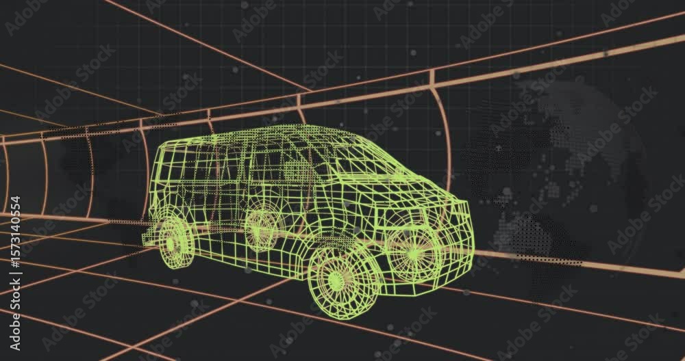 Poster upon loading neon yellow wireframe van in grid tunnel while globe defining for model visualization