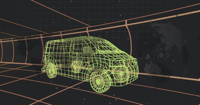 Upon loading neon yellow wireframe van in grid tunnel while globe defining for model visualization