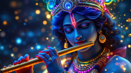 a glowing neon digital artwork of Lord Krishna playing the flute in a cosmic, fantasy style. 