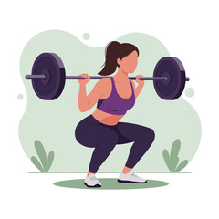 An illustrated woman performs a barbell squat exercise, showcasing fitness in a neutral environment, ideal for health and wellness themes.