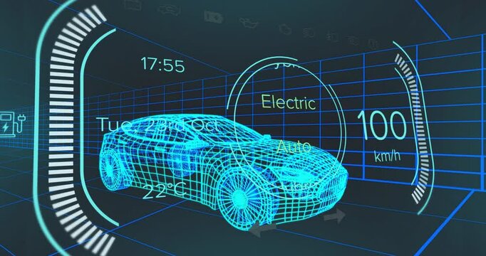 Upon startup holographic wireframe car shifting modes and changing speeds to visualize performance - Powered by Adobe