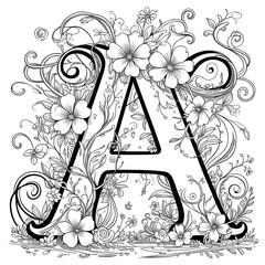 Coloring page with a capital letter A with plants inside. Ai generated image for kids to draw color. High quality image.