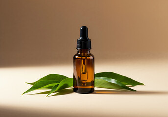 Minimalist Product Shot of Brown Glass Essential Oil Dropper Bottle with Green Leaves on Light Background in Natural Light