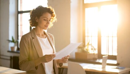 Woman Reading Document in Bright Sunny Office